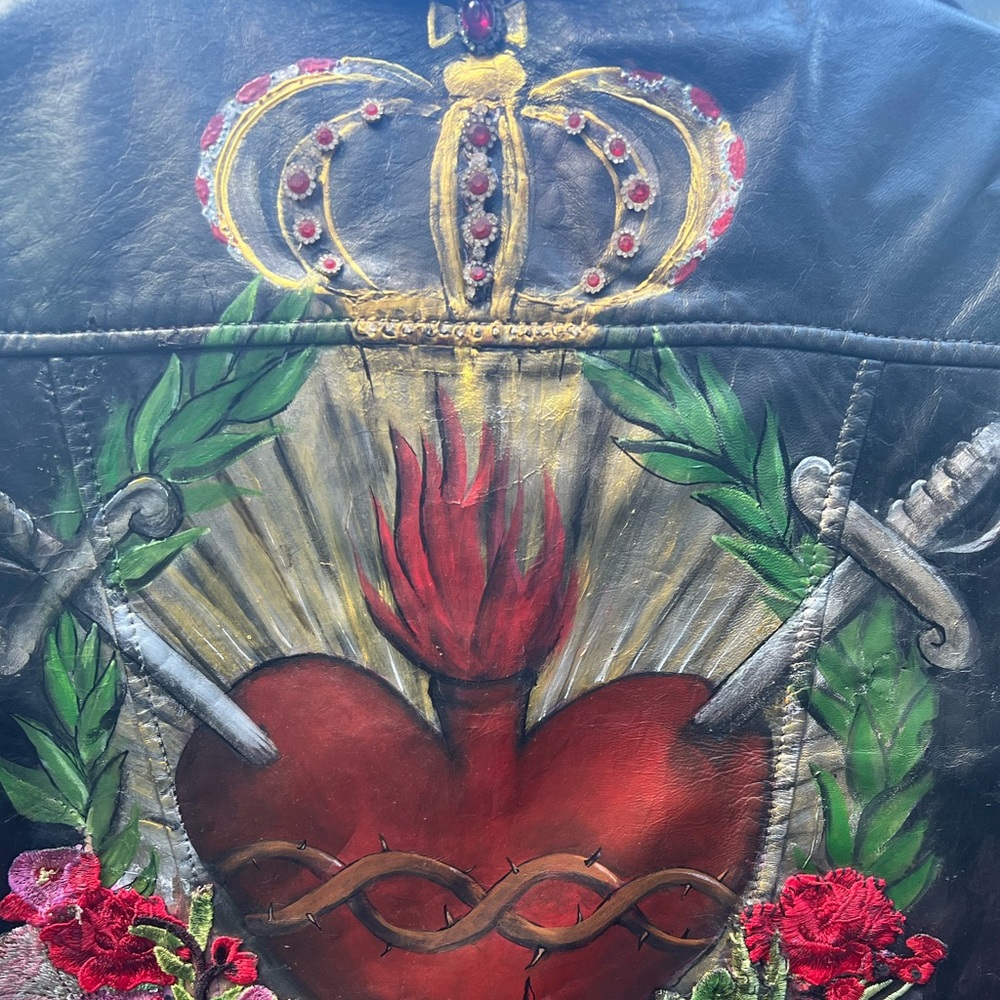 Iconic Sacred Heart Painted Leather Jacket L - Picture 9 of 16